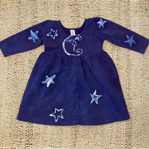 VNTG Batik Girls Dress Moon & Stars Long Sleeve Cotton Tie Dye Hand Made Size 4 - Picture 1 of 8